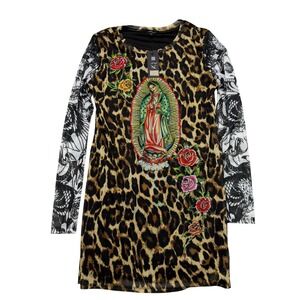 NEW Y2K Ed Hardy Leopard Print Virgin Mary Rose Mesh Long Sleeve Dress XL NWT